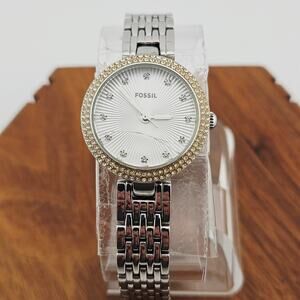 Fossil Women's Crystal Rhinestone Bezel Boyfriend Watch Silver Link Bold ES-3345